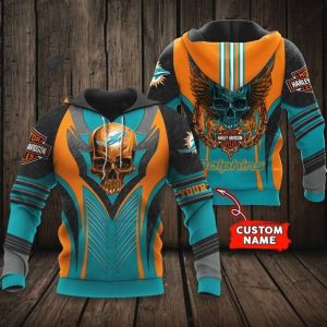 Custom Miami Dolphins Harley Davidson 3D Skull Hoodie with Bold Graphics and Team Colors