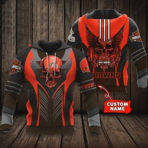 Custom Name Cleveland Browns Harley Davidson Skull 3D Hoodie with Wings Design