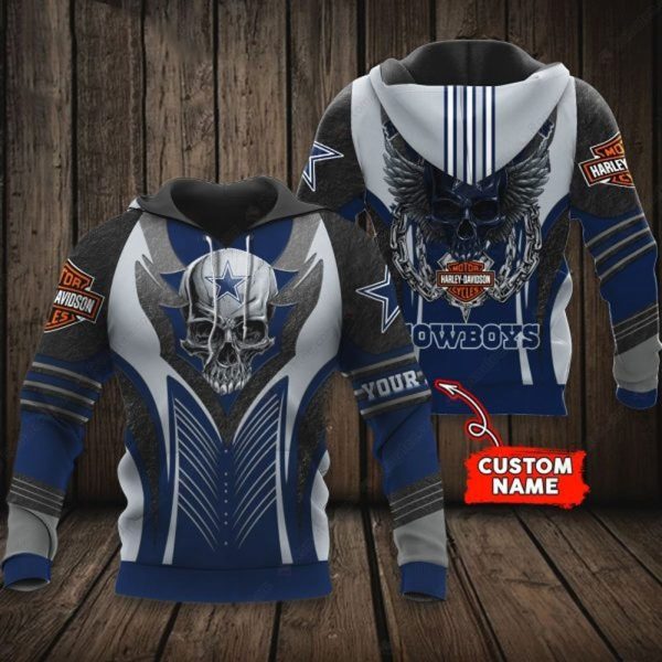 Custom Name Dallas Cowboys Harley Davidson Skull Design 3D Hoodie with Wings