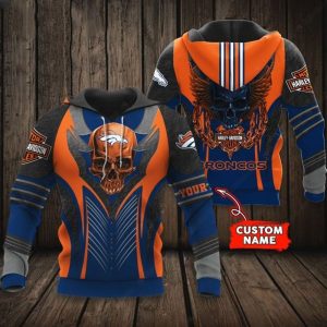 Custom Name Denver Broncos Harley Davidson Skull 3D Hoodie with Wings and Flames Design