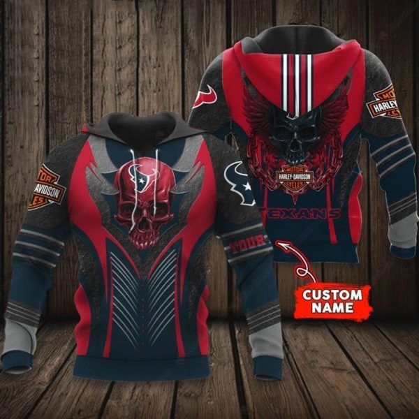 Custom Name Houston Texans Harley Davidson Skull 3D Hoodie with Wings Design