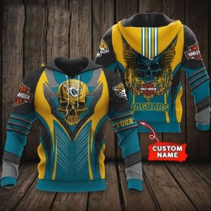 Custom Name Jacksonville Jaguars Harley Davidson Skull 3D Hoodie with Wings Design