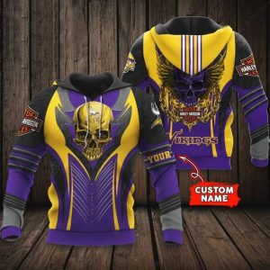 Custom Name Minnesota Vikings Harley Davidson Skull 3D Hoodie with Bold Graphic Design