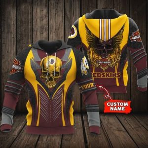 Custom Name NFL Washington Redskins Harley Davidson Skull 3D Hoodie with Wings Design