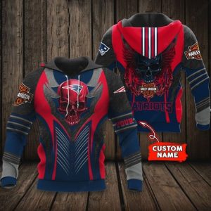 Custom Name New England Patriots Harley Davidson Skull 3D Hoodie with Wings Design