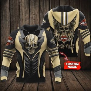 Custom Name New Orleans Saints Harley Davidson Skull 3D Hoodie with Wings Design
