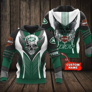 Custom Name New York Jets Harley Davidson Skull 3D Hoodie with Wings Design
