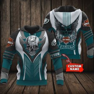 Custom Name Philadelphia Eagles Harley Davidson Skull 3D Hoodie with Winged Design