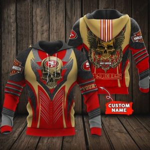 Custom Name San Francisco 49ers Harley Davidson Skull 3D Hoodie with Wings Red Gold Design
