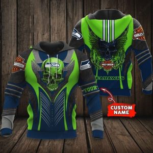 Custom Name Seattle Seahawks Skull 3D Hoodie Harley Davidson Graphic Art Design