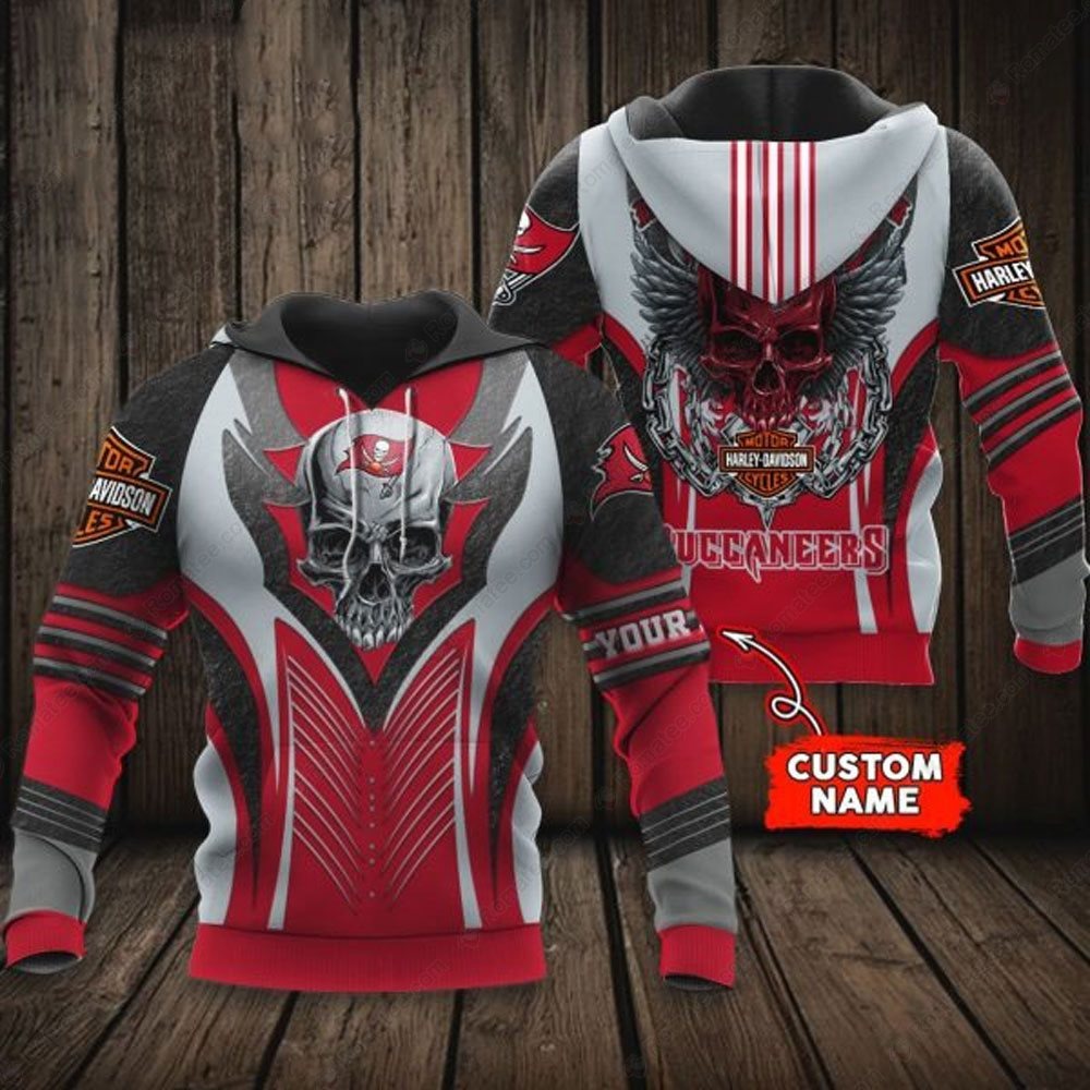Custom Name Tampa Bay Buccaneers Harley Davidson 3D Skull Hoodie with Wings Design Custom Name Tampa Bay Buccaneers Harley Davidson 3D Skull Hoodie with Wings Design