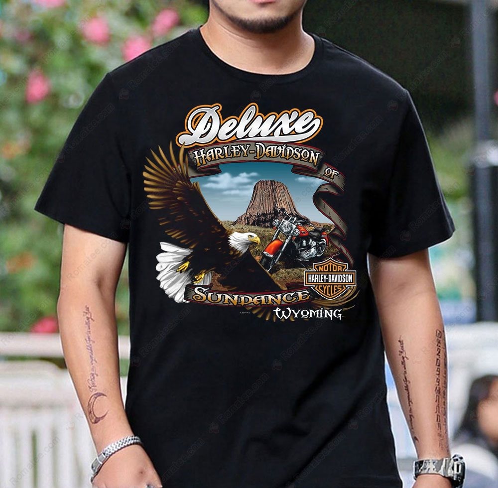 Deluxe Harley-Davidson Sundance Wyoming Eagle Motorcycle T-Shirt with Eagle and Mountain Design Deluxe Harley-Davidson Sundance Wyoming Eagle Motorcycle T-Shirt with Eagle and Mountain Design