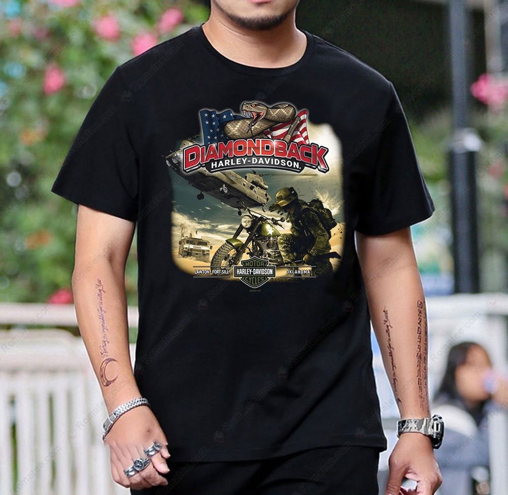 Diamondback Harley-Davidson Military Tribute Graphic T-Shirt with American Flag Design Diamondback Harley-Davidson Military Tribute Graphic T-Shirt with American Flag Design