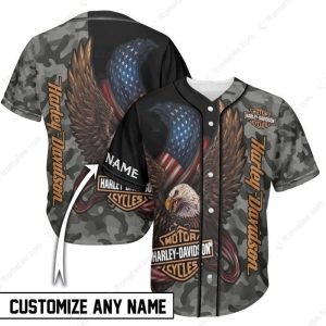 Eagle Flag Harley-Davidson Custom Camouflage Baseball Jersey with American Eagle Design