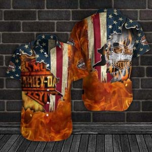 Flag Flame Harley-Davidson Graphic Shirt with American Flag and Flames Design