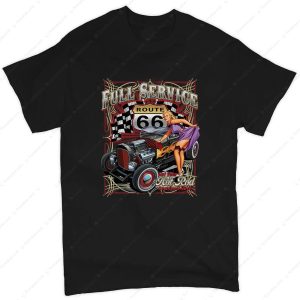 Full Service Route 66 Pin-Up Girl Hot Rod T-Shirt with Retro Automotive Art