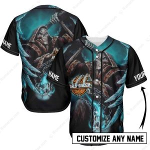 Grim Reaper Harley-Davidson Baseball Jersey with Customized Name – Dark Fantasy Art Design