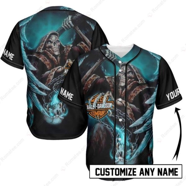 Grim Reaper Harley-Davidson Baseball Jersey with Customized Name – Dark Fantasy Art Design