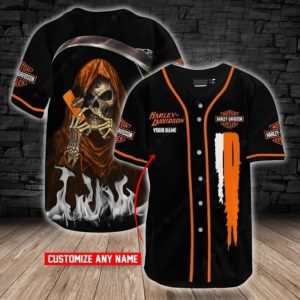 Grim Reaper Harley-Davidson Custom Baseball Jersey with Skull Art and Flames Design