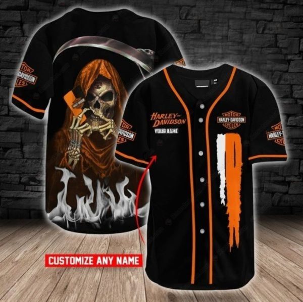 Grim Reaper Harley-Davidson Custom Baseball Jersey with Skull Art and Flames Design