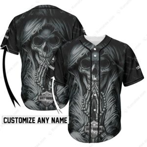 Grim Reaper Harley-Davidson Custom Baseball Jersey with Skull Artwork and Dark Theme