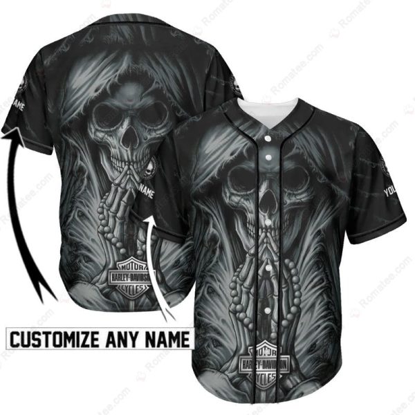 Grim Reaper Harley-Davidson Custom Baseball Jersey with Skull Artwork and Dark Theme