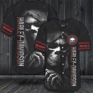 Grim Reaper Skull Harley-Davidson Baseball Jersey with Distressed Graphics and Bold Design