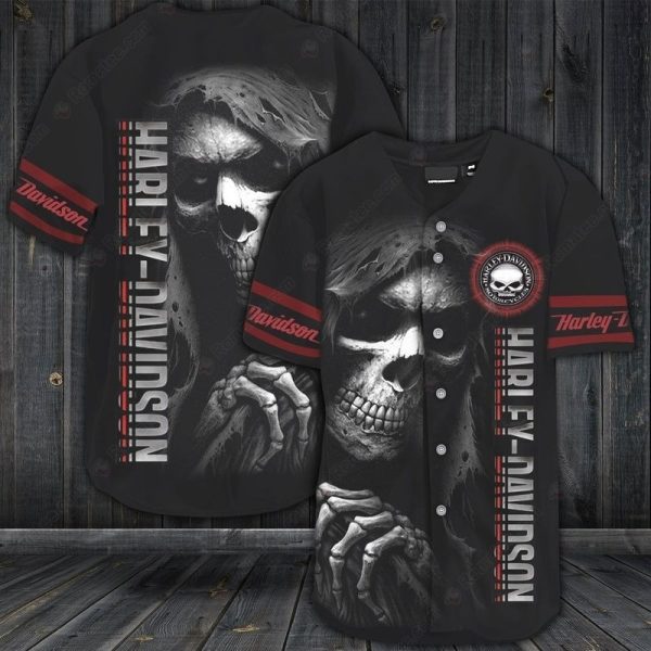 Grim Reaper Skull Harley-Davidson Baseball Jersey with Distressed Graphics and Bold Design