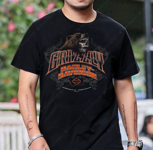 Grizzly Bear Skull Harley-Davidson Graphic Tee – Bold Vintage Biker Art
