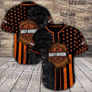 Harley-Davidson Black & Orange Stars Baseball Jersey with Vintage Rock Design and Logo