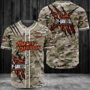 Harley-Davidson Camo Claw Mark Baseball Jersey with Bold Logo and Distinctive Camouflage Design