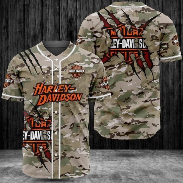 Harley-Davidson Camo Claw Mark Baseball Jersey with Bold Logo and Distinctive Camouflage Design