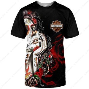 Harley-Davidson Catrina Day of the Dead Skull Art Motorcycle T-Shirt with Floral Design