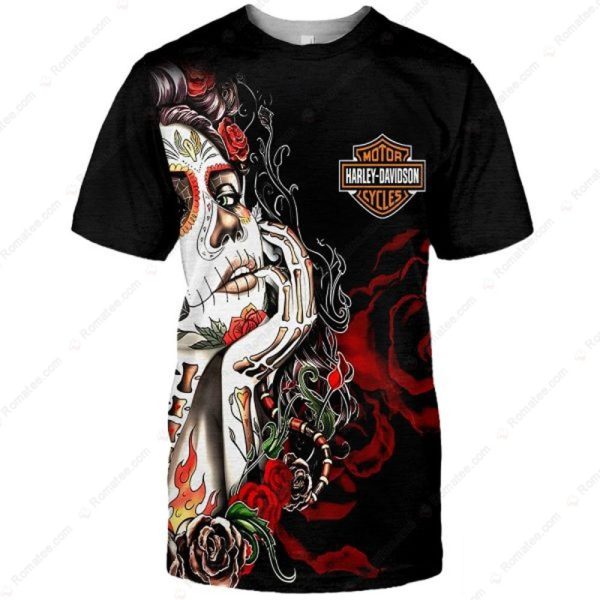 Harley-Davidson Catrina Day of the Dead Skull Art Motorcycle T-Shirt with Floral Design