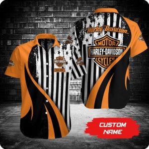 Harley-Davidson Custom Hawaiian Shirt with Flag Design and Bold Orange Accents