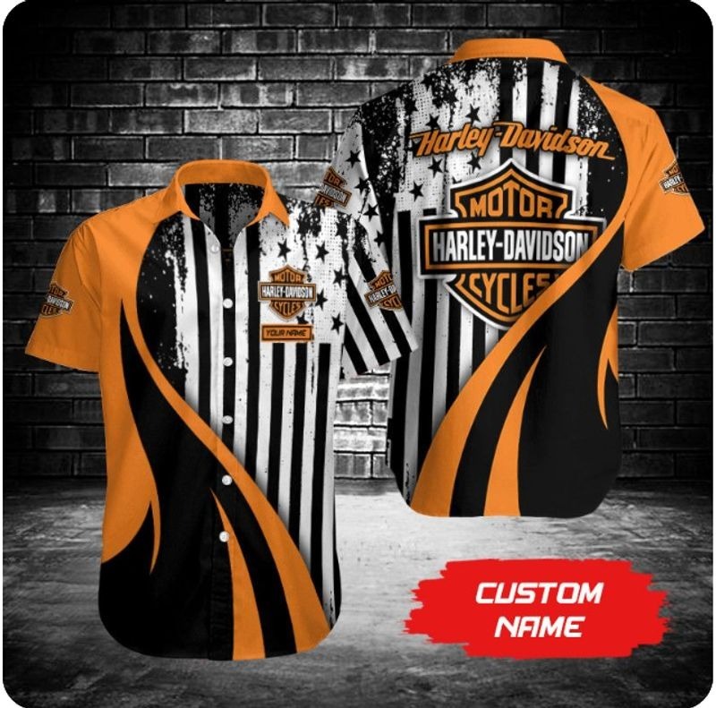 Harley-Davidson Custom Hawaiian Shirt with Flag Design and Bold Orange Accents Harley-Davidson Custom Hawaiian Shirt with Flag Design and Bold Orange Accents