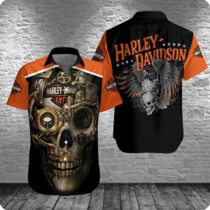 Harley-Davidson Eagle Skull Graphic Hawaiian Shirt with Vintage Motorcycle Art