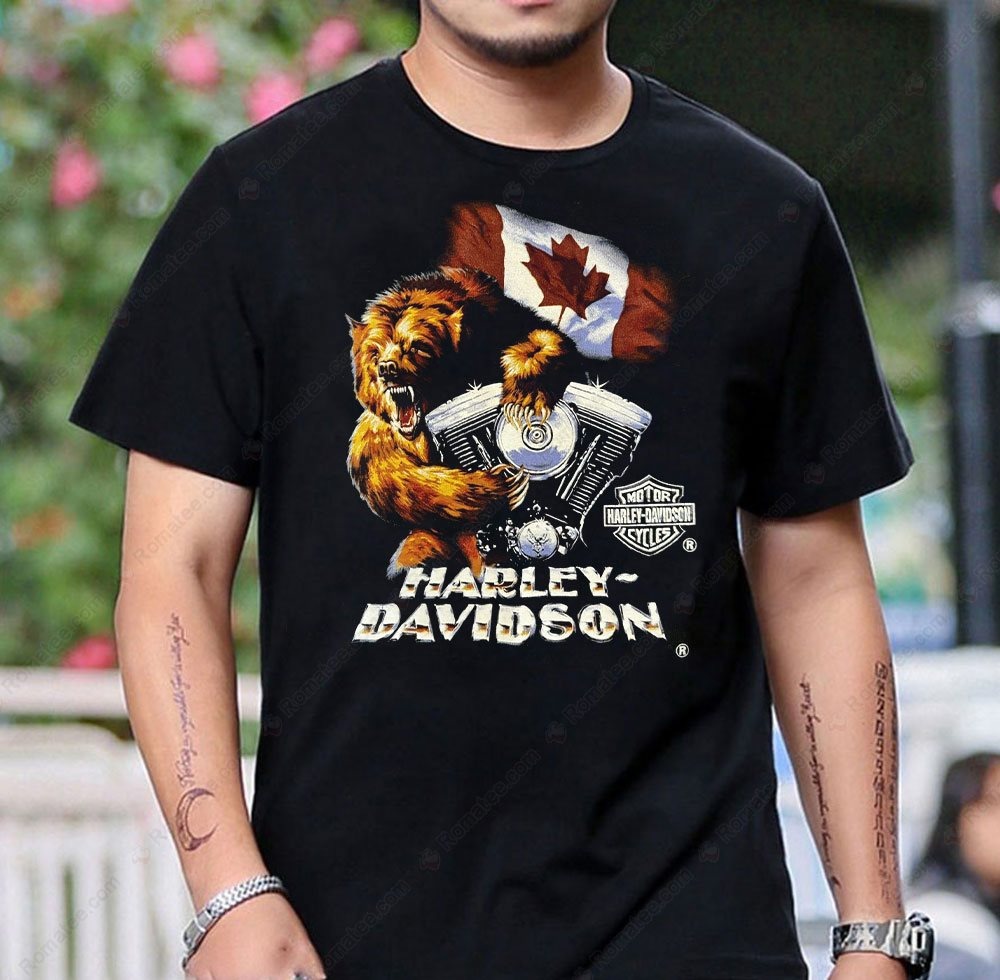 Harley-Davidson Grizzly Bear Canada V-Twin Motorcycle T-Shirt with Canadian Flag Art Harley-Davidson Grizzly Bear Canada V-Twin Motorcycle T-Shirt with Canadian Flag Art