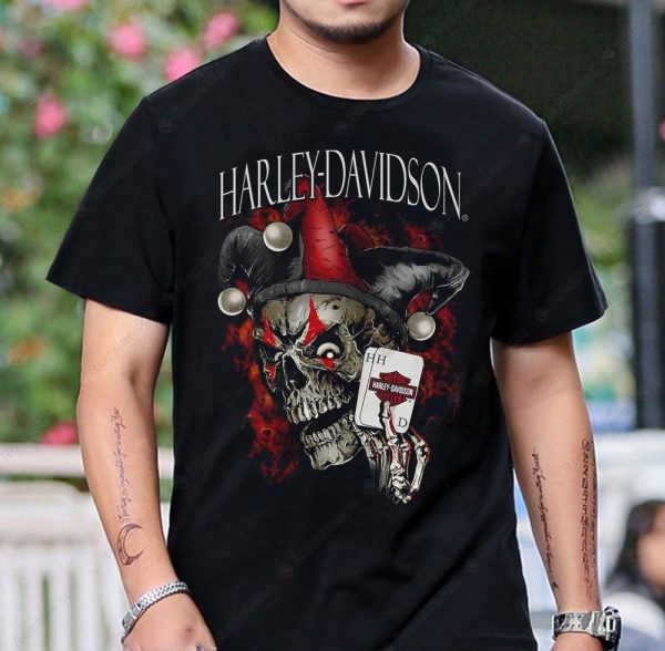 Harley-Davidson Jester Skull Graphic Tee with Bold Red Accents and Edgy Artwork