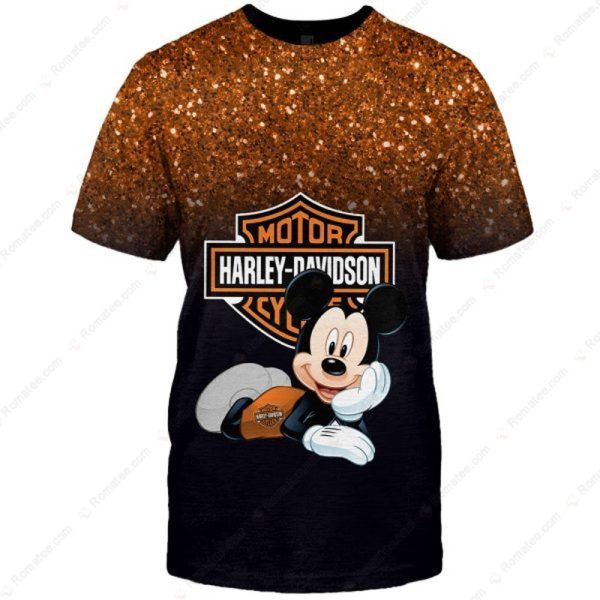Harley-Davidson Mickey Mouse Graphic Tee with Glitter Ombre Design