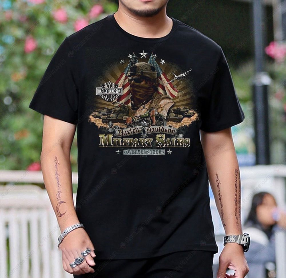 Harley-Davidson Military Sales Overseas Tour T-Shirt with Vintage Military Artwork Harley-Davidson Military Sales Overseas Tour T-Shirt with Vintage Military Artwork
