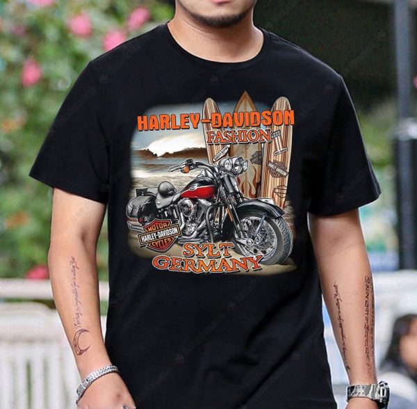 Harley-Davidson Motorcycle Beach Surf T-Shirt Sylt Germany Retro Graphic Design