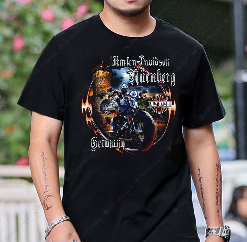 Harley-Davidson Nürnberg Motorcycle T-Shirt with Vintage Castle and Flames Design Harley-Davidson Nürnberg Motorcycle T-Shirt with Vintage Castle and Flames Design
