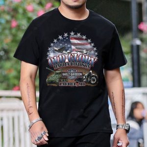 Harley-Davidson Old Glory American Flag T-Shirt with Vintage Motorcycle Design, Laurel MD