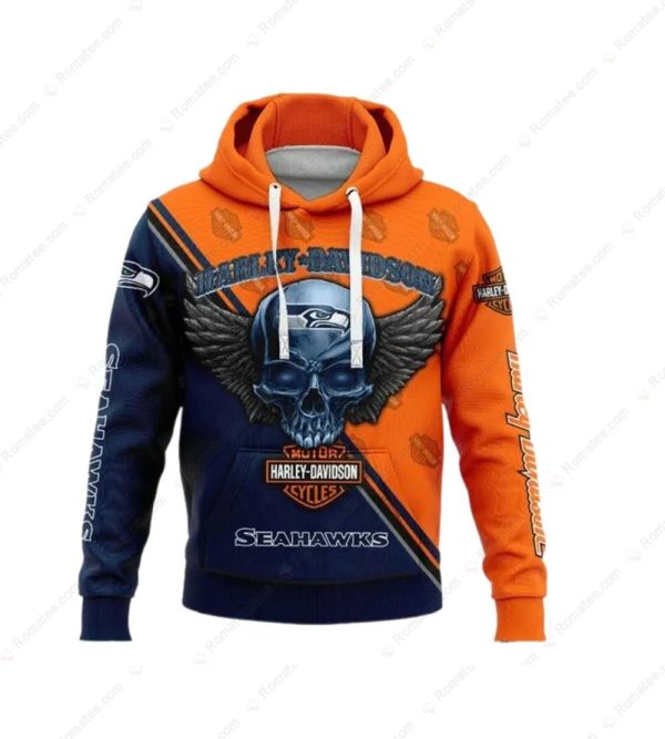 Harley-Davidson Seahawks Skull Wing Hoodie with Bold Graphic Design and Team Spirit