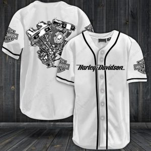 Harley-Davidson Skull Engine Baseball Jersey with Vintage Motorcycle Art Design