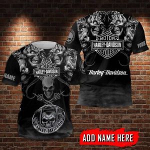 Harley-Davidson Skull Graphic Tee with Crossbones and Vintage Motorcycle Art