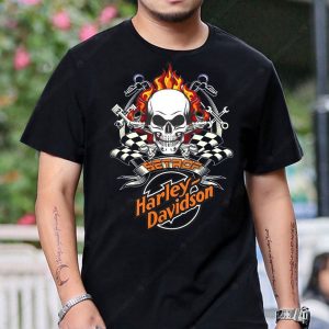 Harley Davidson Skull Graphic Tee with Flames and Checkered Flags Design