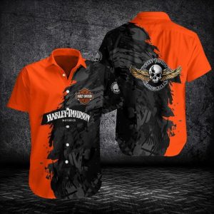 Harley-Davidson Skull Wings Hawaiian Shirt with Bold Black and Orange Design