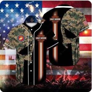 Harley-Davidson USMC Punisher Skull Camo Baseball Jersey with Marine Corps Emblem